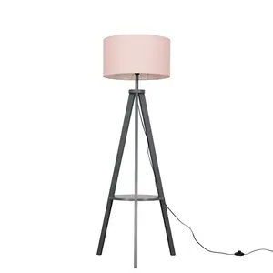 Ismay 149 cm Morrigan Wood Tripod Floor Lamp with Shelf & XL Reni Shade Grey / Pink / Yes