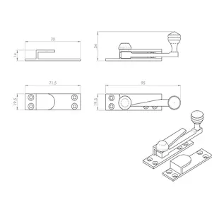 Quadrant Arm Sash Window Fastener 70 x 20mm 35mm Projection Satin Chrome