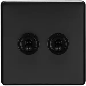 2 Gang Double Retro Toggle Light Switch SCREWLESS MATT BLACK 10A 2 Way Lever