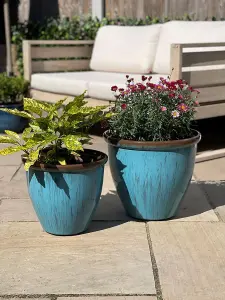 38cm Running Glaze Planter - Aqua