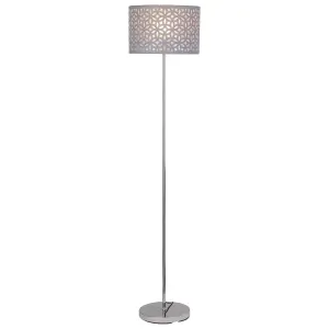 First Choice Lighting Chrome Stick Floor Lamp with Grey Laser Cut Shade