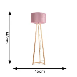 ValueLights Lottie Natural Wood Tripod Floor Lamp with Blush Pink Velvet Drum Shade