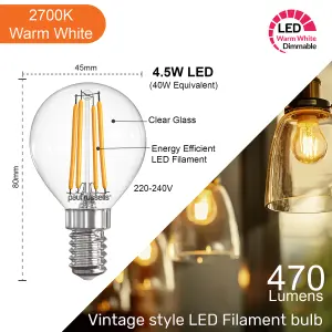 paul russells LED Filament Dimmable Golf Bulb, SES E14, 4.5W 470 Lumens, 40w Equivalent, 2700K Warm White, Pack of 10