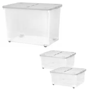 2 x Strong 30 Litre Wheeled Plastic Containers For Home & Office Complete With Folding Split Lids