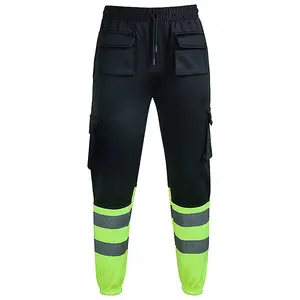 MS9 Mens Hi Viz Vis High Visibility Fleece Cargo Work Trousers Joggers Pants, Black and Yellow - L