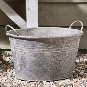 Vintage Style Grey Garden Planter Galvanised Trough Bucket Flower Pot with Handles Outdoor Garden Planter