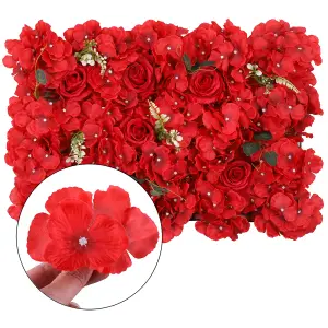 Artificial Flower Wall Backdrop Panel, 60cm x 40cm, Red with Green Leaves