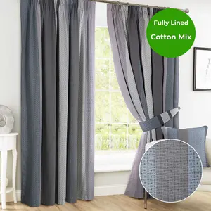 Home Curtains Seville Printed Stripe Lined 66w x 90d" (168x229cm) Grey Pencil Pleat Curtains (PAIR) With Tiebacks Included