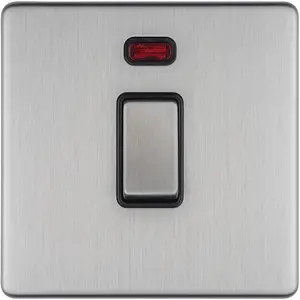 1 Gang 20A Single Light Switch & Neon SCREWLESS SATIN STEEL 2 Way Rocker Plate