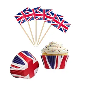 Union Jack Cupcake Cases & Flags Toppers Kings Coronation 96 Piece Cupcake Set