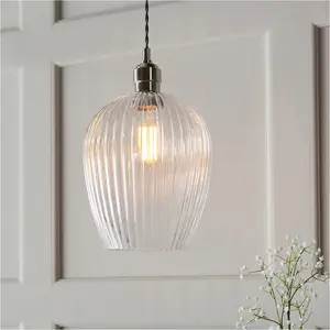 Hanging Ceiling Pendant Light - Bright Nickel Plate & Clear Ribbed Glass - 10W LED E27