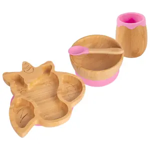 Tiny Dining - Unicorn Bamboo Suction Baby Feeding Set - Pink - 4pc