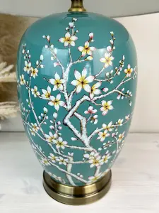 Teal Blossom Ceramic Table Lamp with Pleated Shade