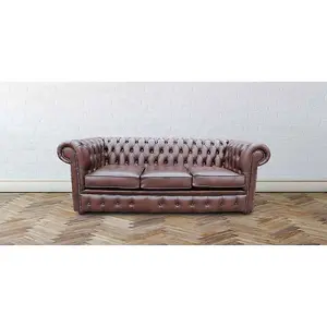 Chesterfield 3 Seater Antique Brown Leather Sofa In Classic Style