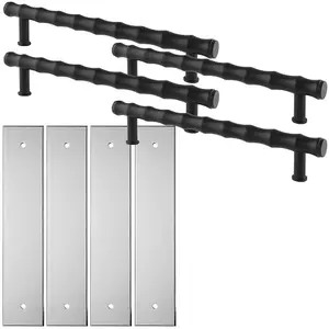 4 PACK - Pull Handle & Contrasting Backplate Set - Modern Bamboo T Bar - Matt Black & Chrome