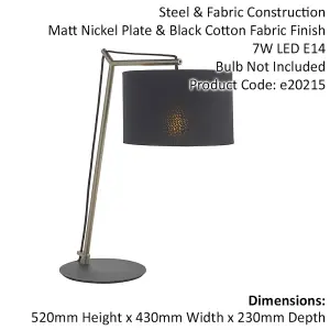 Nickel Plated Angular Table Lamp Light - Black Base & Cotton Shade - Desk Light