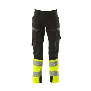 Mascot Accelerate Safe Ultimate Stretch Trousers with Thigh Pockets - Black/Hi-Vis Yellow   (40.5) (Leg Length - Long)