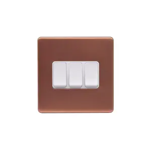 Lieber Brushed Copper 10A 3 Gang 2 Way Switch - White Insert Screwless