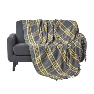 Homescapes Grey & Yellow Tartan Check Sofa and Bed Throw, 225 x 255 cm