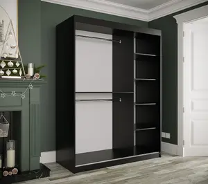 Elegant Black Geneva Sliding Door Wardrobe W1500mm H2000mm D620mm - Mirrored Doors, Gold Handles, Space-Saving Storage