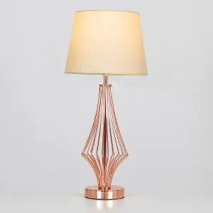 ValueLights Jaspa Modern Polished Copper Metal Wire Geometric Diamond Design Table Lamp with Beige Shade