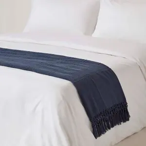 Homescapes Kashi Navy Cotton Throw with Tassels 150 x 200 cm