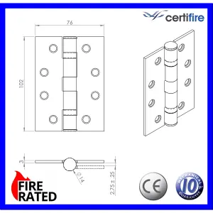 AFIT PVD Brass Grade 13 Fire Door Hinges - 4" 102 x 76 x 3mm - Pack 2