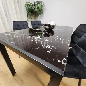 Dining Table and 4 Chairs Black Marble Effect Glass 4 Velvet Black Chairs Dining Room Furniture