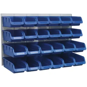 Durable 24 Blue Plastic Storage Bins with Wall Panel for Efficient Organization