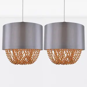 First Choice Lighting Set of 2 Grey Faux Silk & Copper Jewelled Ceiling Light Shades