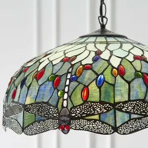 Tiffany Glass Hanging Ceiling Pendant Light Blue Dragonfly 3 Lamp Shade i00110