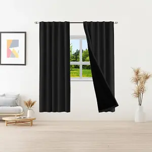 Black Total Blackout Thermal Eyelet Curtains - 46 x 72 Inch Drop - 2 Panel