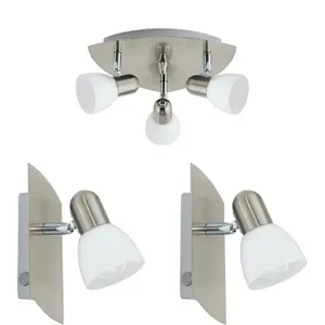 Ceiling Spot Light & 2x Matching Wall Lights Satin Nickel & Glass Triangle Lamp