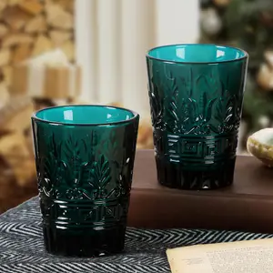 Set of 2 Blue Art Deco Embossed Drinking Glass Tumblers