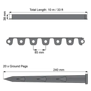 Grey Lawn Edging Border - 10 m / 33 ft Long Flexible Plastic Garden Edging & 20 Securing Pegs - Easy to Cut and Shape (38mm High)