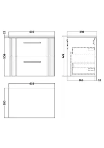 Retro 2 Drawer Wall Hung Vanity Unit with Sparkling White Laminate Worktop - 600mm - Satin Soft Black - Balterley