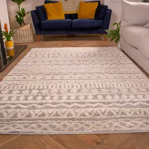 Aztec Geometric Silver Grey White Plush Scandi Area Rug 60x110cm