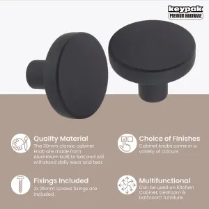 Keypak Cabinet Knob, Pack of 2, Matt Black, Aluminium Precision 30mm Classic Wardrobe Cupboard Drawer Handles