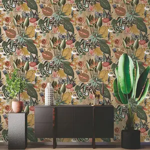 Holden Wonderland Exotic Tropical Birds Animals Rainforest Jungle Palm Wallpaper Gold 91191