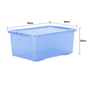 Wham Crystal Sparkle 3x 45L Plastic Storage Boxes with Lids Tint Sparkle Blue. Medium Size, Strong (Pack of 3, 45 Litre)