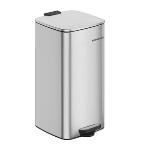 SONGMICS Steel Trash Can for Kitchen, Pedal Bin with Inner Bucket, Soft Close Feature, and Stays Open Design, Metallic Silver