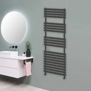 Designer Delta Anthracite Flat Panel Towel Radiator Heated Ladder Rail - 1424 x 500mm - Corner TRV Valve Pair