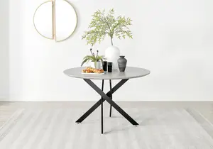 Furniturebox UK Novara Grey Concrete Effect Black Leg 120cm Round Dining Table & 4 Cream Velvet Milan Chairs