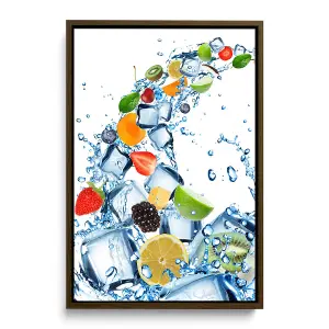 Fruit Water Splash Ice Cubes Kitchen CANVAS FLOATER FRAME Wall Art Print Picture Brown Frame (H)91cm x (W)61cm