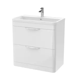 Floor Standing 2 Drawer Vanity Unit with Polymarble Basin - 800mm - Gloss White