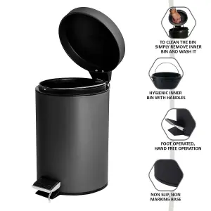 Small Stainless Steel 3 Ltr Pedal Bin Kitchen Bathroom Toilet Rubbish, Black