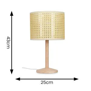 ValueLights Triston Single Stem Natural Light Wood Table Lamp with Cream Woven Rattan Wicker Shade