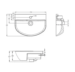 Verona White Ceramic Short Projection Bathroom Semi Recessed Basin Sink with 1 Tap Hole