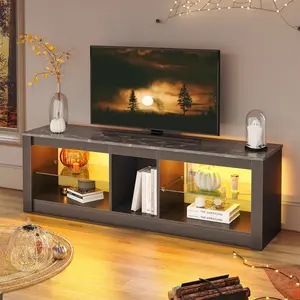 Nabria 55" length  TV Stand Cabinet with Glass Shelf & RGB LED Lighted for up to 65" TVs, Gaming Entertainment Center Black Marble