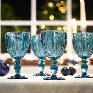 Set of 4 Luxury Embossed Blue Drinking Wine Glass Wine Goblets 280ml